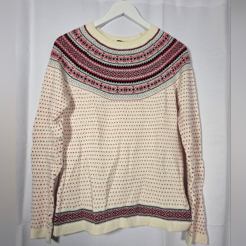 Talbots Hearts Fair Isle Crewneck Sweater White Red Lambs Wool Blend Women's M